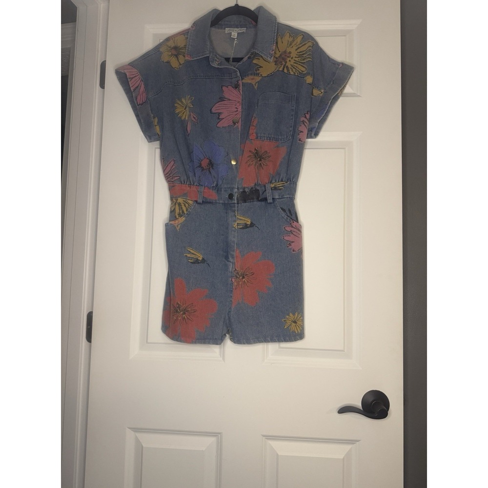 She Sky Floral Denim Romper Medium Nwt $72